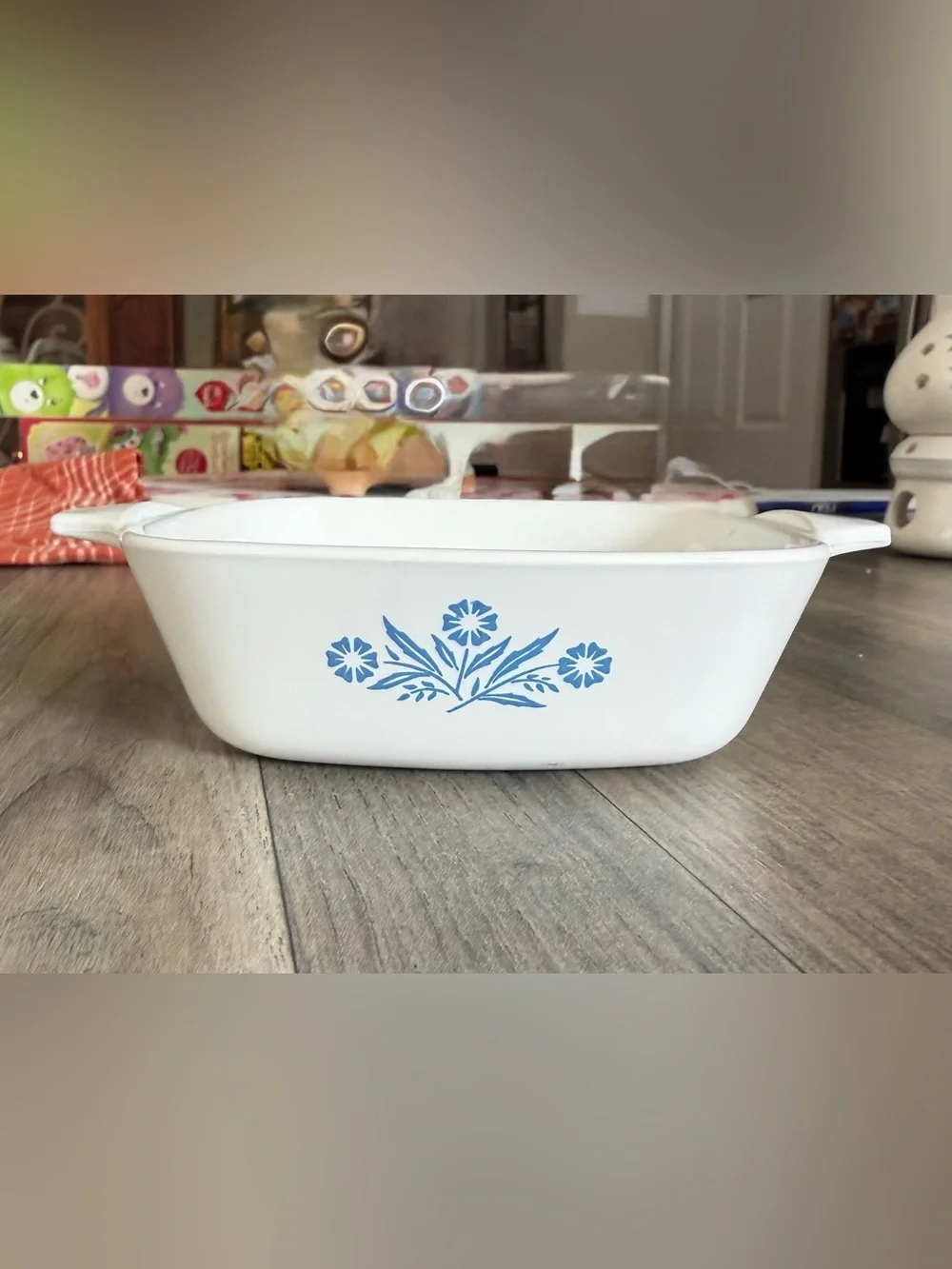 Corningware White Casserole Dish with Blue Floral Motif